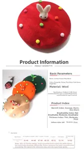 Detailed size chart for handmade wool berets featuring cartoon animal designs for all ages