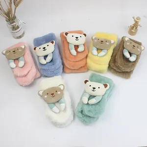 Plush kids' cartoon bear scarves in seven colors with soft faux fur texture