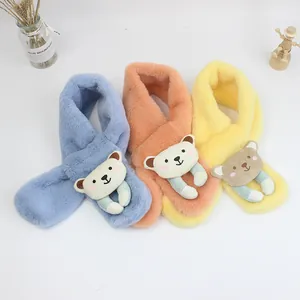 Thick plush bear scarf for kids in light blue, pink and yellow with cross design