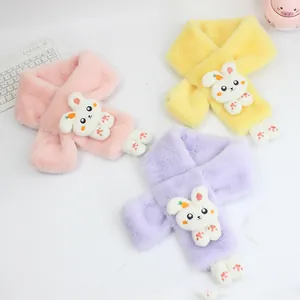 Soft plush children's scarves with 3D cartoon bunny dolls in pink, yellow and purple