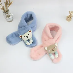 Kids Winter Plush Scarf With 3D Cartoon Bear Warm Faux Rabbit Fur Neck Warmer Soft Crossover Scarf For Boys Girls