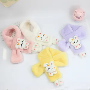 Winter plush kids scarves in four colors with cute 3D bunny and paw embroidery details