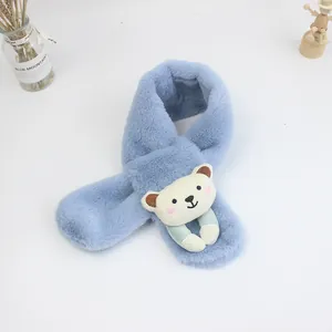 Thick plush winter scarf for kids with a cute cartoon bear crossover fastener in blue