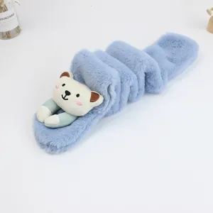 Thick plush bear cartoon scarf for kids in light blue soft faux fur material