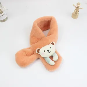 Detail of soft plush teddy bear scarf with cross-loop closure for toddlers