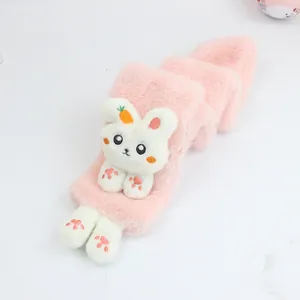 Pink plush winter scarf for kids featuring a cute white cartoon rabbit doll decoration