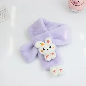Detail of plush purple kids scarf with cute 3D bunny and carrot embroidery design