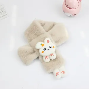 Close-up of soft plush kids scarf featuring cute 3D bunny and carrot embroidery detail