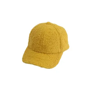 Warm ginger yellow sherpa baseball cap for kids with fluffy teddy fleece texture