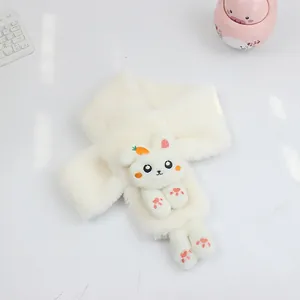 Detailed view of soft white plush kids scarf featuring a 3D cute cartoon bunny with carrot
