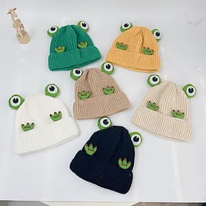 Kinder-Strickmützen Set Frosch-Design in sechs Farben mit süßen Augen und Rippstrick