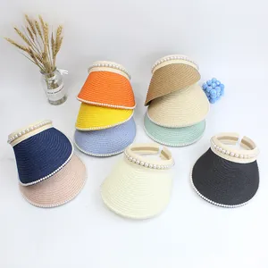 Women's summer straw sun visor with pearls, available in ten vibrant colors for outdoor sun protection