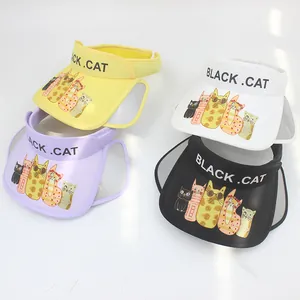 Kids wide brim sun visor hats with cute cartoon cat prints in four vibrant colors