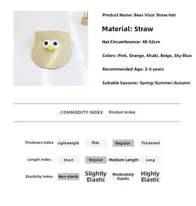 Detail specifications of bear-themed straw visor hat for kids aged 2 to 6 years old