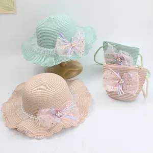 Kids Straw Hat And Bag Set Girls Summer Beach Sun Protection Hat With Mesh Bow Artificial Pearls Sequin Princess Woven Sun Hat