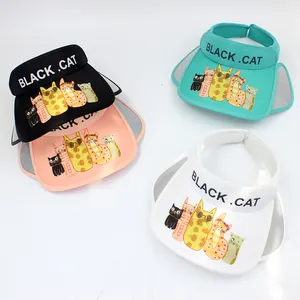 Kids adjustable empty top sun hat with cartoon cat print in multiple summer colors