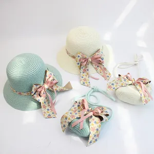 Kinder Strohhut und Taschen Set mit Blumenband Schleifen in Mintgrün und Beige Tönen