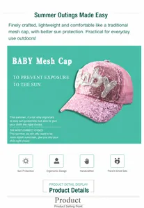 Dettaglio del cappellino a rete rosa per bambina con lettere Baby in paillettes lucide