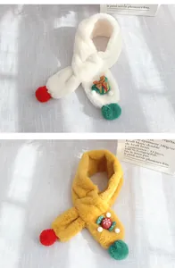 Detail of plush Christmas scarves with festive pom-poms and gift box ornaments