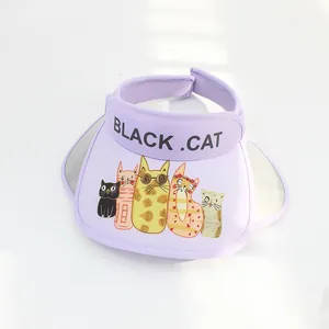 Light purple kids sun hat with cartoon cat print and retractable side sun shields