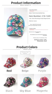 Détail des casquettes de baseball en toile fleurie avec couleurs et bord long de 9 cm