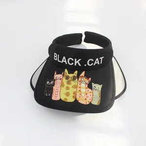 Detail of black kids sun hat showing five cartoon cats and Black Cat text on the brim