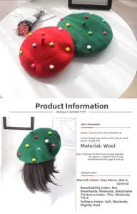 Detailed size chart and color options for wool berets with colorful pom poms