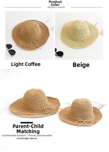 Detail of handwoven paper straw sun hats in light coffee and beige with bow accents