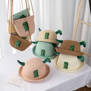 Cappello di Paglia da Bambini Dinosauro Cartone Animato Protezione Solare Traspirante Con Mini Borsa a Tracolla