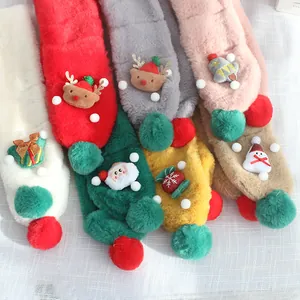 Plush Christmas scarves for kids in seven colors with reindeer and Santa patches