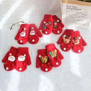 Winter Christmas knitted mittens for kids and adults with 3D Santa and reindeer decor