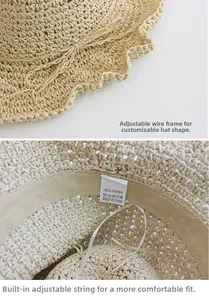 Detailed view of handmade straw hat with adjustable strap and moldable wire brim