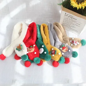 Kids faux rabbit fur winter scarf with 3D Christmas elements in six festive colors