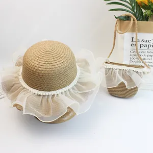 Kinder Strohhut und Taschen Set mit Organza-Rüschen und Perlen für Mädchen