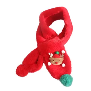 Red faux rabbit fur winter scarf for kids featuring a cute Christmas reindeer and pom-poms