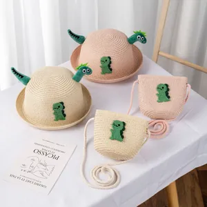 Set cappello di paglia e borsa per bambini con dinosauro beige e rosa
