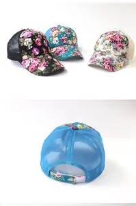 Floral baseball cap with breathable mesh back and adjustable velcro closure for women