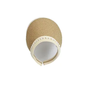 Straw visor for women with pearl embellishments and khaki woven texture