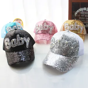 Berretti da baseball con paillettes per bambini con lettere di perle baby colorati