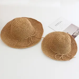 Women Summer Sunshade Big Brim Straw Hat Handmade Woven Paper Straw Sun Hat With Bowknot For Beach Travel Parent-Child