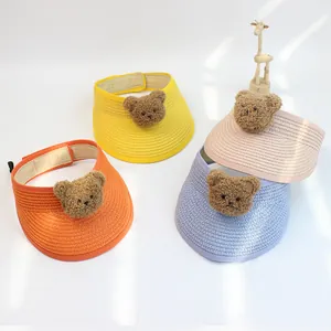Kids Cute Cartoon Plush Bear Paper Straw Sun Visor Hat Foldable Woven Beach Sun Protection Sunhat For Toddler 48-52cm
