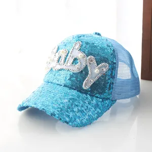 Berretto da baseball con paillettes blu per bambine con ricamo Baby e retro in mesh
