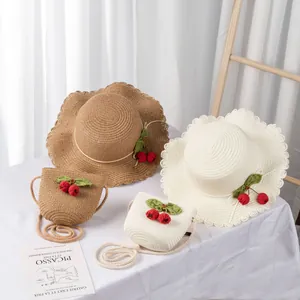 Summer Straw Hat And Crossbody Bag Set Cherry Decor Wavy Brim Sun Protection For Girls Women Beach Vacation Accessory