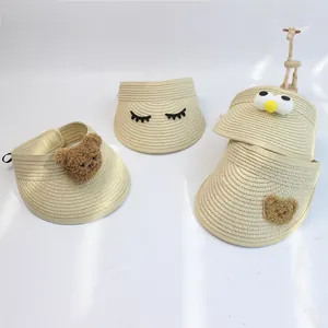 Kids cute straw sun visor with bear cartoon decor and foldable open top design