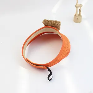 Kids orange straw sun visor with cute brown plush bear ears and elastic strap