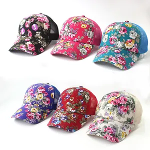 Women's floral baseball caps with rose print and breathable mesh back in six colors