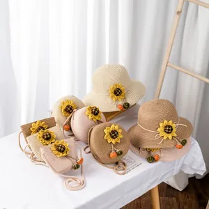 Handmade summer straw sun hat and crossbody bag set with sunflower decor for kids