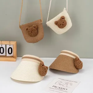 Kids Cute Bear Paper Straw Empty Top Hat And Small Crossbody Bag For Sun Protection Beach Sunshade Toddler Girls Boys