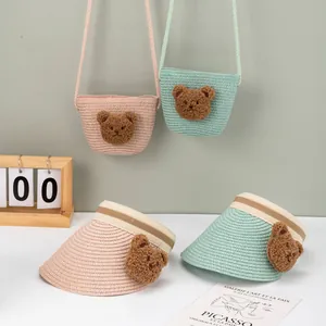 Kids bear straw sun hat and matching crossbody bag set in pink and mint green colors