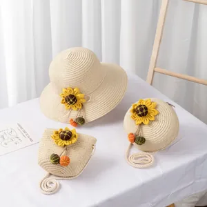 Matching straw sun hat and handbag set with sunflower accents for beach summer outings